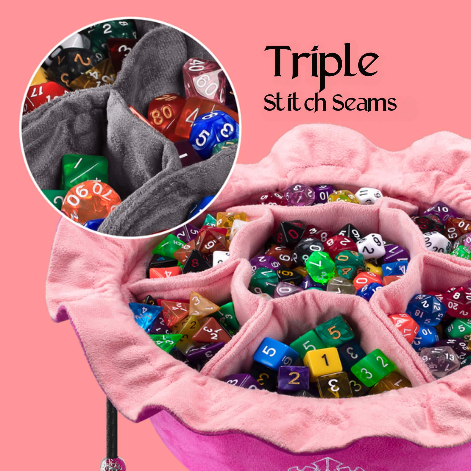 Immense Dice Bags with 7 Pockets - Pink - Capacity 150+ Dice - Great for Dice Hoarders dice bag